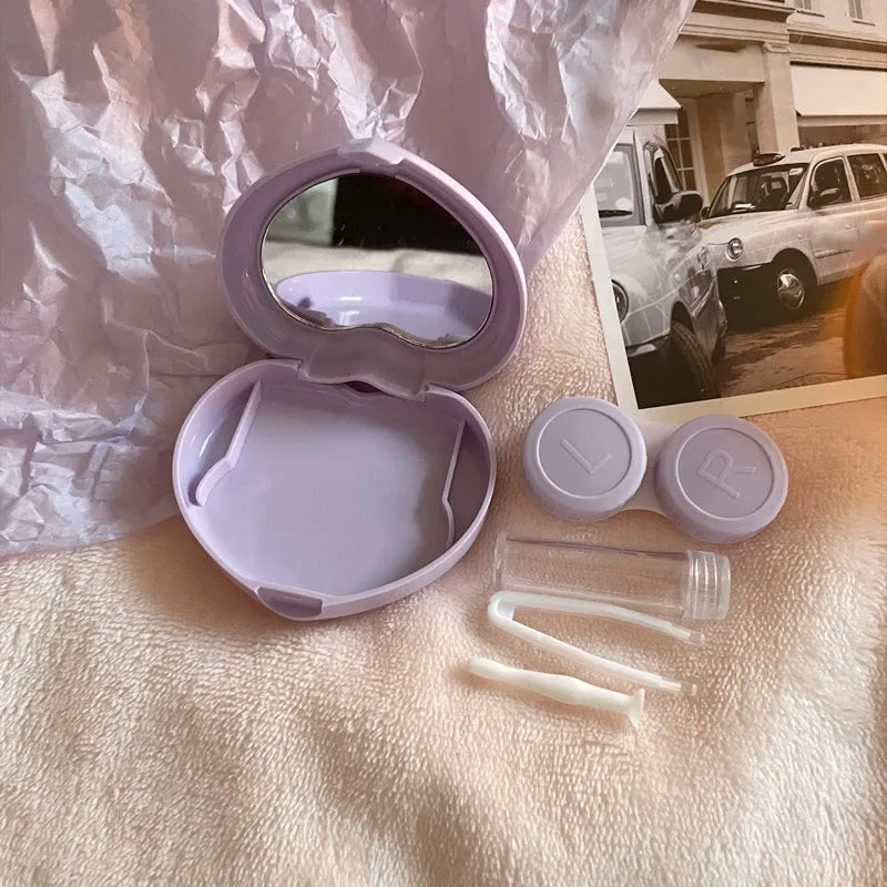 Travel Color Contact Lenses Box for Eyes Tool Kit Women Girl Heart Lady Holder Storage Eye Care Container with Mirror Tweezer
