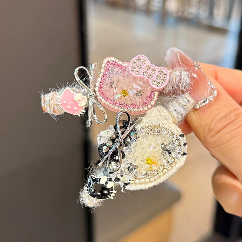 Sanrio Hello Kitty Girls Hair Clip Fashion Cartoon KT Cat Women Rhinestone Bow Hairpin Charm Girls Hair Accessories Gifts
