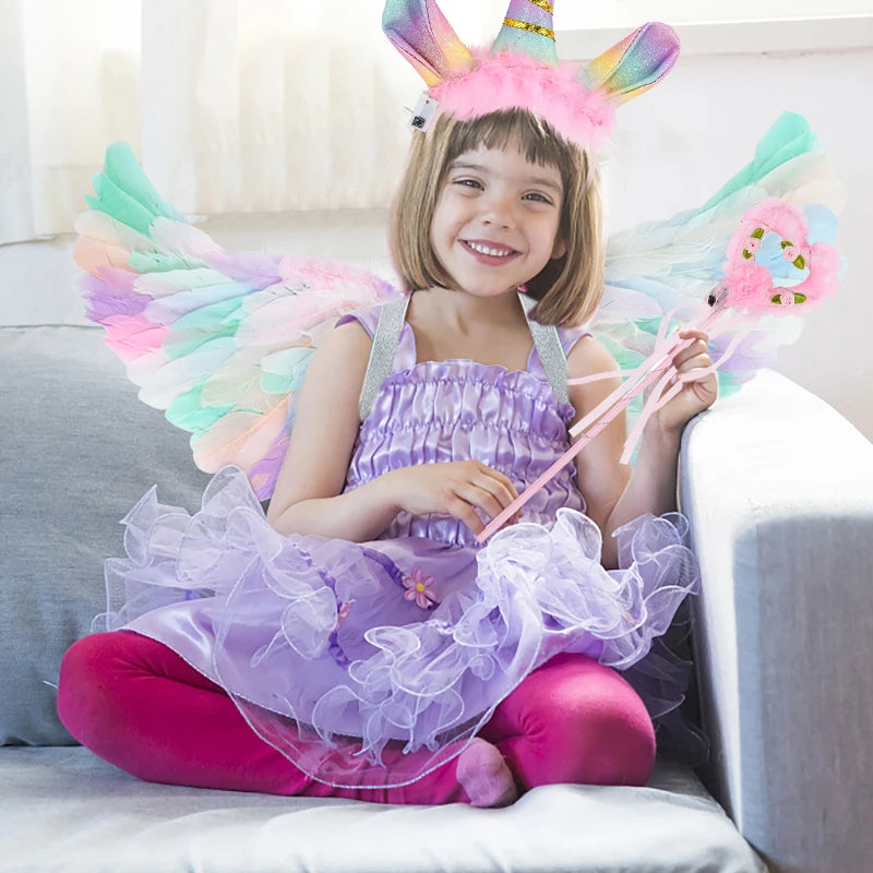 LED Colour Angel Feather Wings Girls Unicorn Halo Headband Fairy Stick Luminous Prop Cosplay Party Costume Glowing Accessories