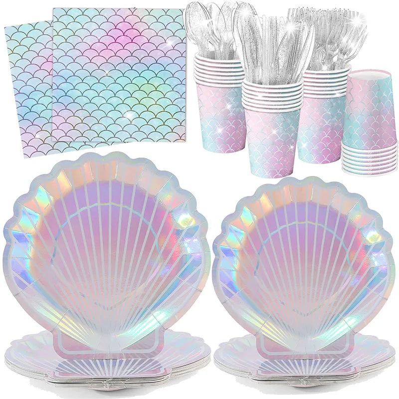 Mermaid Party Supplies Mermaid Tableware Set Shell Paper Plate Cup Napkin Little Mermaid Birthday Party Decoration Baby Shower