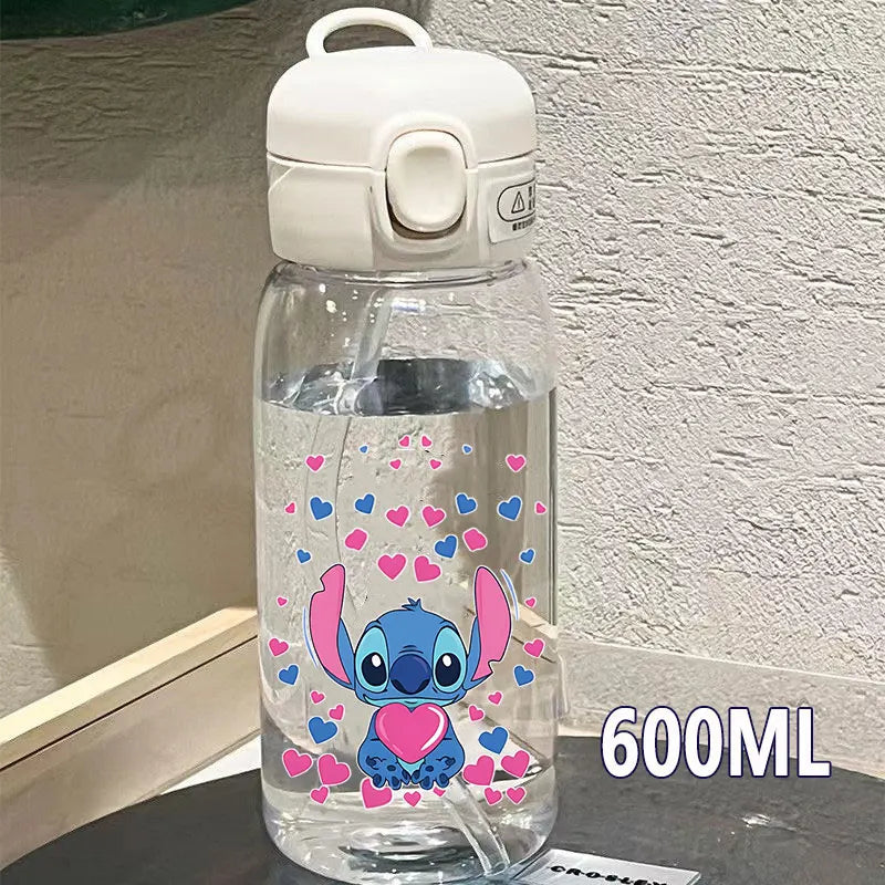 Lilo&Stitch 560/600/400ML Water Cup Children Portable Plastic Transparent Straw Stitch Outdoor Large Capacity Sport Water Bottle