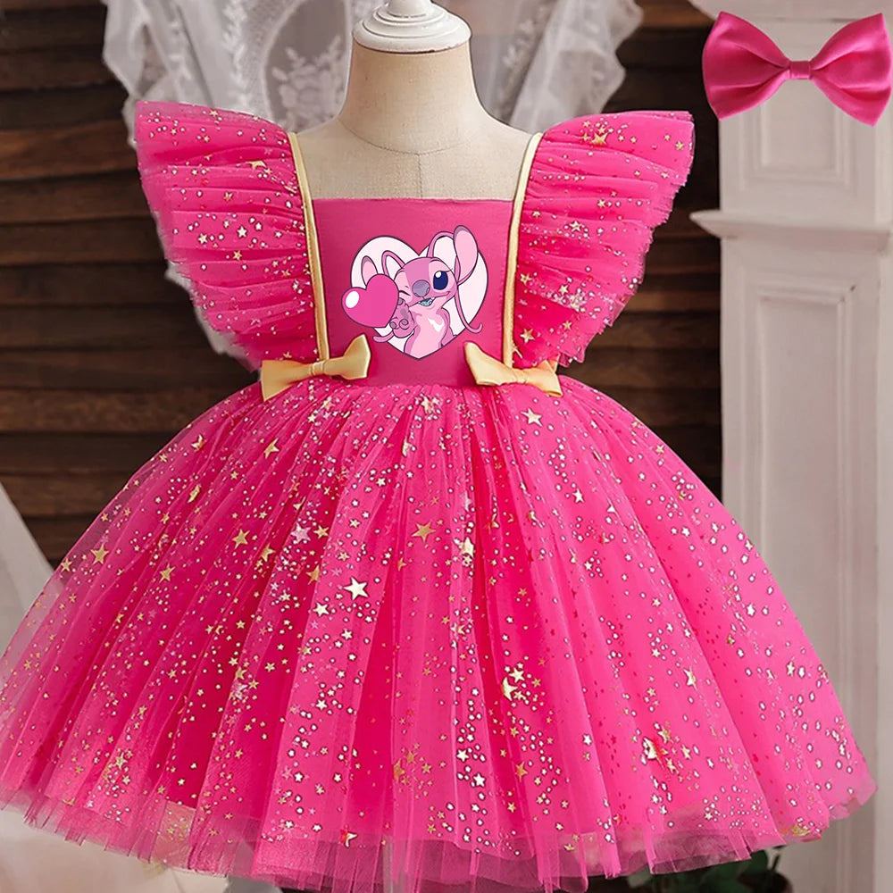 Lilo Stitch Princess Dress for Girls Sequined Star Ruffle Bow Tutu Gown Baby Formal Gala Prom Gown Kids Evening Party Costume