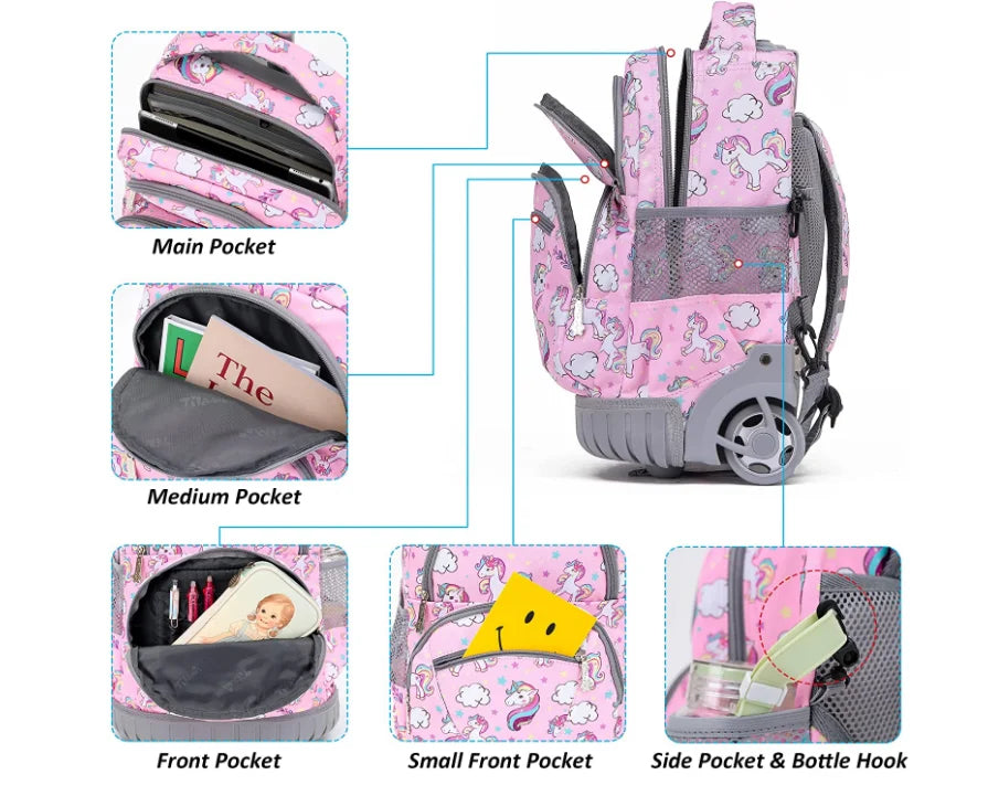 Children Rolling Backpack 16 inch Set 3 in 1 with Lunch Bag  Pencil Case for Girls Kids Travel Trolley Rolling Luggage Suitcase