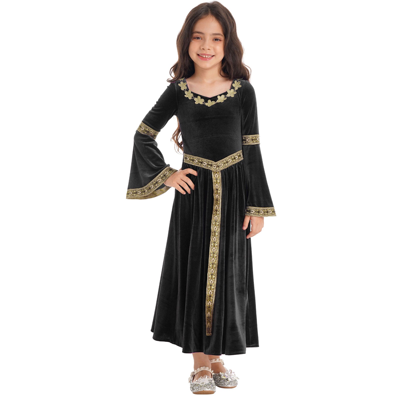 Kids Girls Medieval Renaissance Princess Costume Velvet Long Flare Sleeve Vintage Dress Gown Carnival Party Cosplay Dress Up