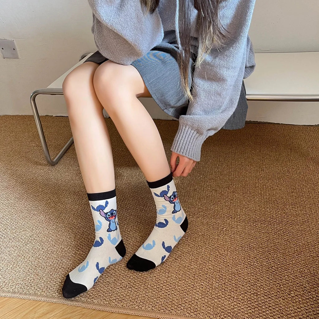 5 Pairs of Fashionable and Trendy Cute Cartoon Anime Stitch Pattern Women's Socks Comfortable and Soft Outdoor Casual Socks