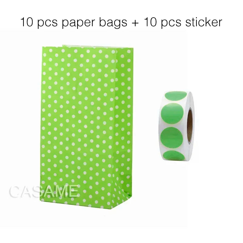 10 pcs Colorful Solid Stripe and Polka Dot Stand-Up Bags with Stickers - 18x9x6cm Favor Gift Packing Treat Bags for Wedding