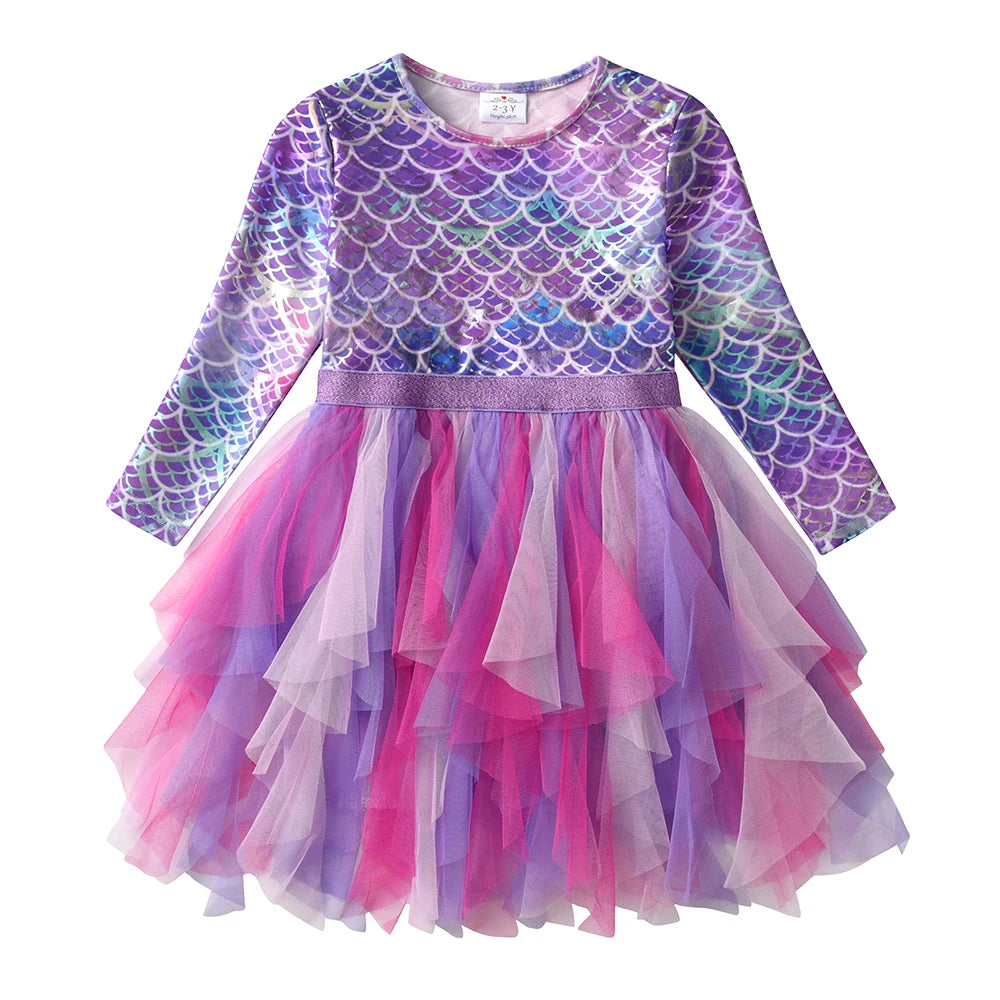 DXTON Autumn Princess Dress Mermaid Children Birthday Party Girls Dress Irregular Layered Prom Kids Long Sleeve Costumes 3-8Y