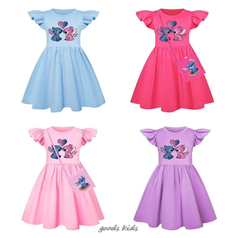 Hot Lilo And Stitch Children's Dress Set Cartoon Cute Girl Dress Flying Sleeve Toddler Dress And Small Bag Birthday Gift