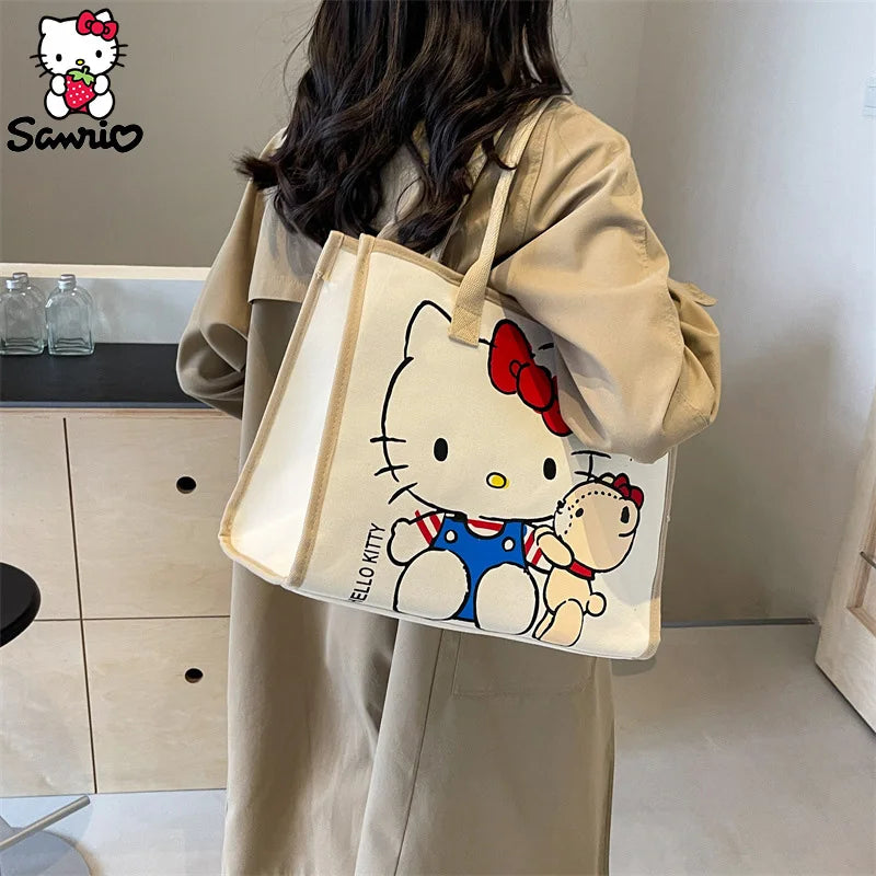 Hello Kitty Canvas Bag Sanrio Tote Bag Shoulder Storage Makeup Pouch Anime Handbag Travel Shopping Bag Kid Schoolbag Girl Gift