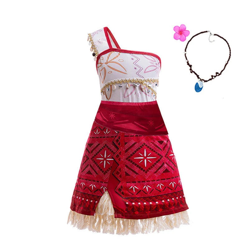 New Movie Moana 2 Dress Girls Cosplay Vaiana Princess Costume Girls One-Shoulder Suspender Dress Accessories Set