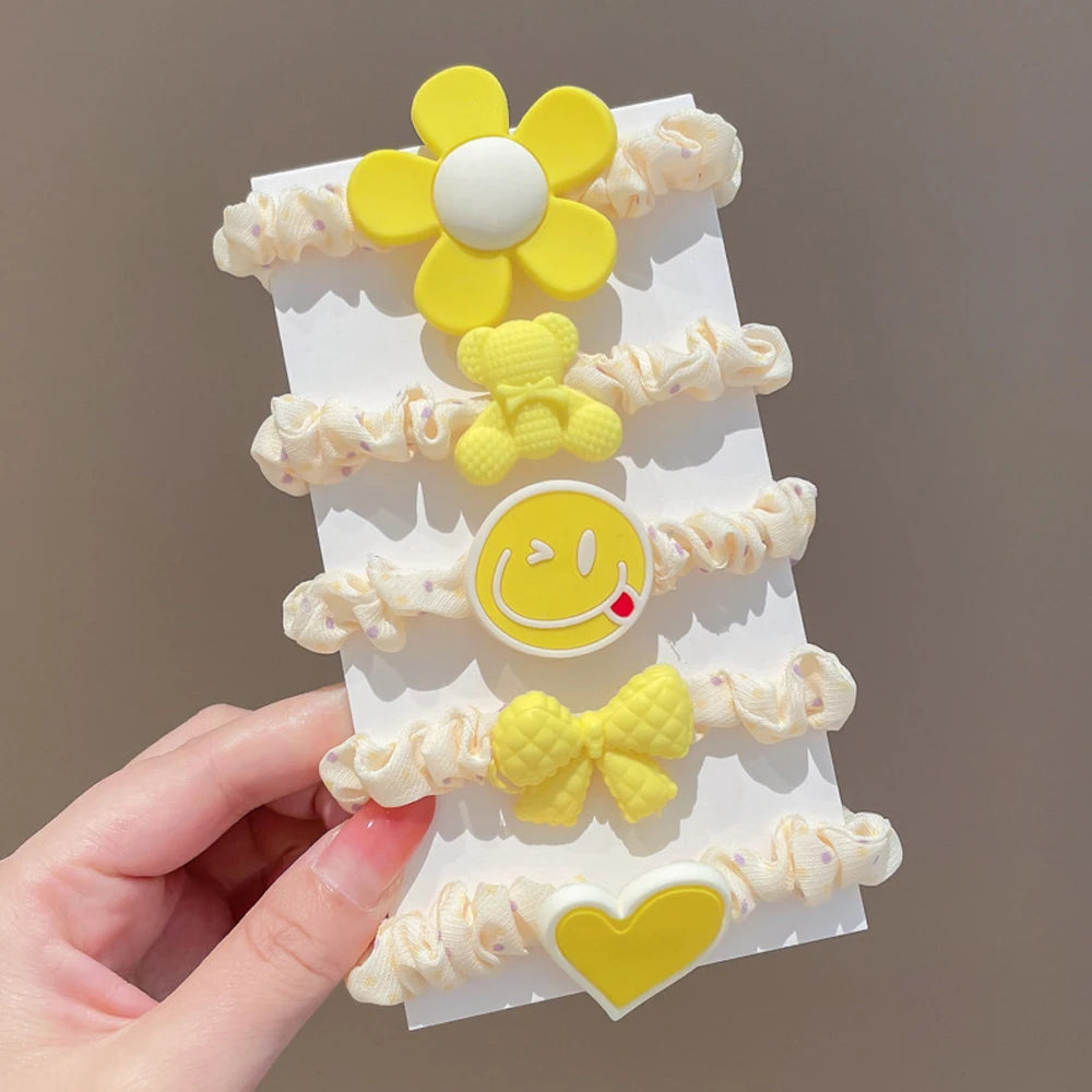 5pcs/Set Cartoon Bear Bowkont Heart Charms Scrunchies Candy Color Satin Hair Ties Ponytail Holder Hair Ropes Kid Girls Headwear