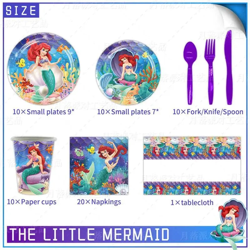 Mermaid Ariel Princess Birthday Party Decorations Disposable Tableware Plate Straw Cup Balloons Baby Shower Party Supplies
