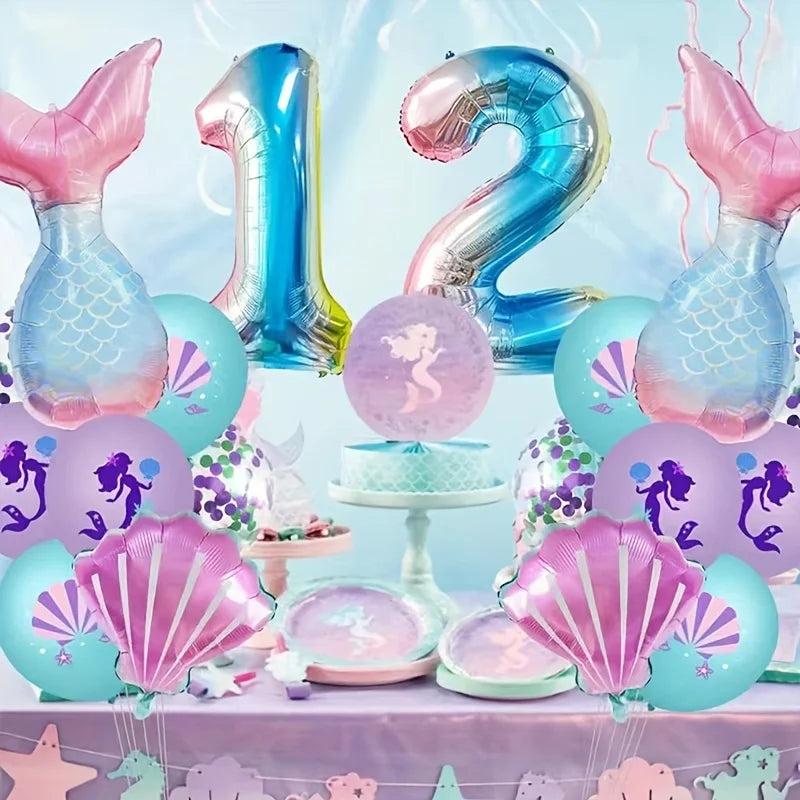 10pcs Mermaid Balloon Printed Colorful Paper Scrap Latex Blue Purple Ocean Balloon Mermaid Party Decoration Supplies