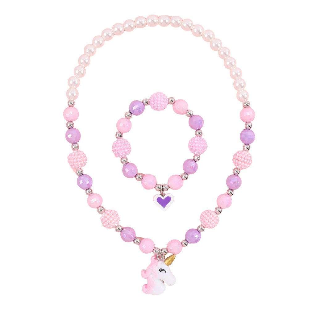 Cute Unicorn Pendant Necklace for Girls Heart Beads Necklace for Children Fashion Jewelry Accessories Birthday Gift