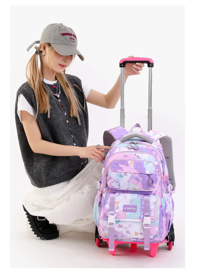Kids School Backpack with Wheels Rolling Backpack for Girls Student Wheeled Backpack Trolley School Bag Travel Trolley Luggage