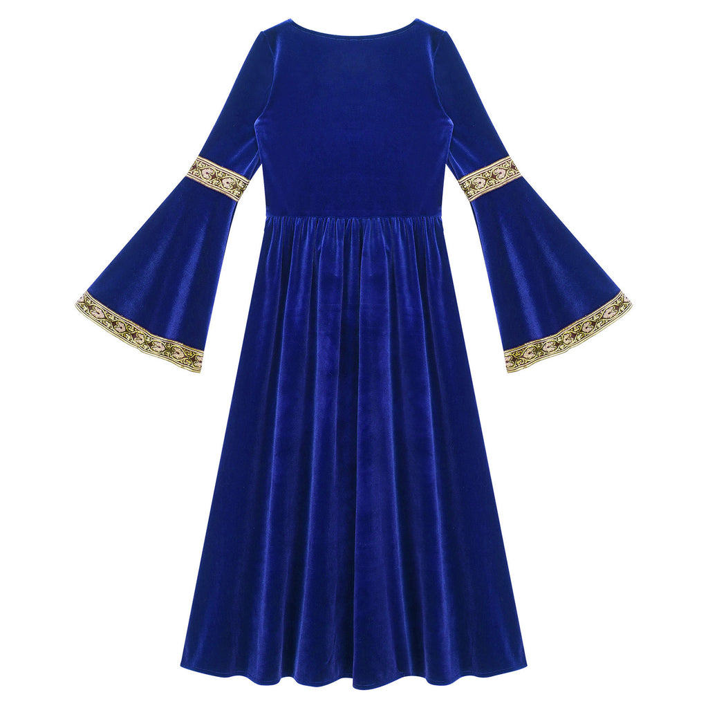 Kids Girls Medieval Renaissance Princess Costume Velvet Long Flare Sleeve Vintage Dress Gown Carnival Party Cosplay Dress Up