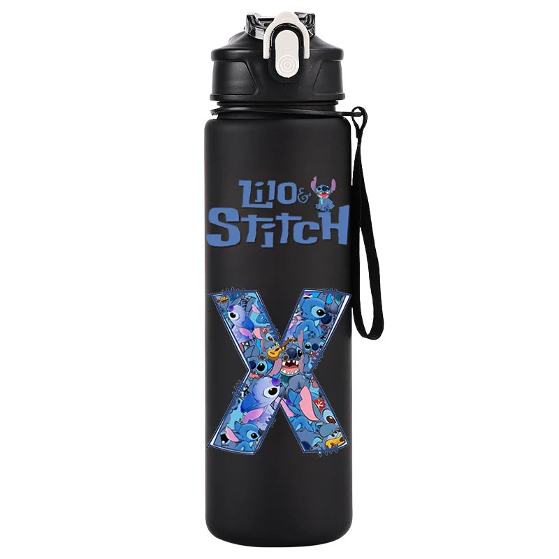 750ml Water Bottle Letter A-Z Printed Lilo Stitch Black Large Capacity Drinking Cup Portable Outdoor Sport Water Cup Kid Gifts