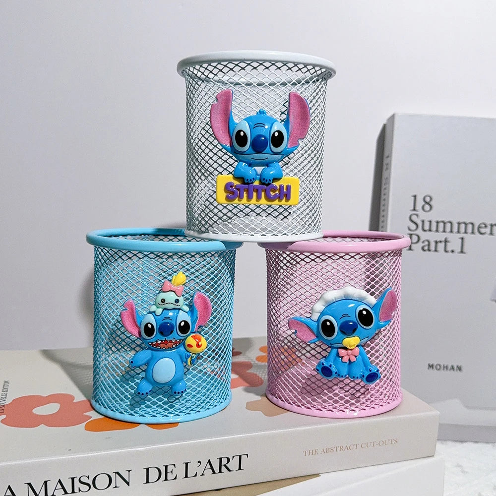 Cartoon Three-Color Stitches Metal Pen Holder Cute Stationery Storage for Study Fan Gifts Birthday