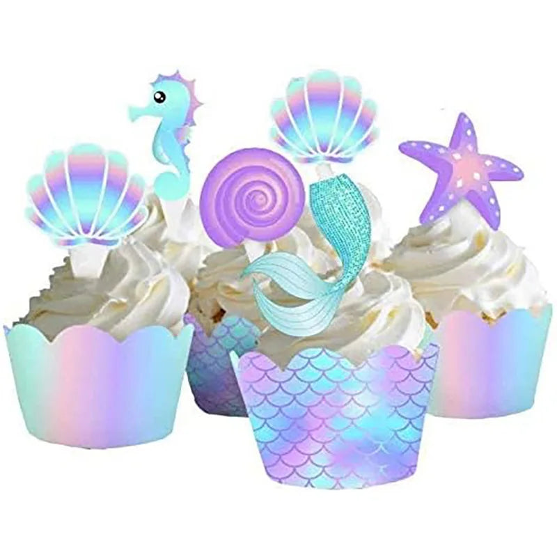 40pcs/set Ocean Theme CupCake Toppers Wrappers Mermaid Sea Star Shell Birthday Party Favor Cake Decor Supply