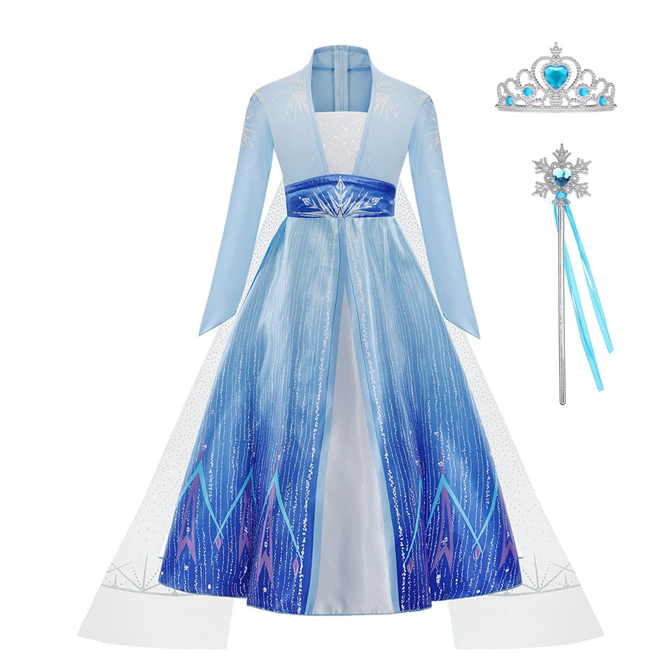 Elsa Costume for Girl Birthday Party Blue Long Sleeve Carnival Clothing Kids Princess Dress for Girls
