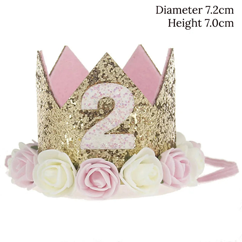 Baby Birthday Decoration Girl 1 2 3 Years Crown Hat Pink White Flower Sequins Crown 1st birthday Photo Prop Happy Birthday Gifts
