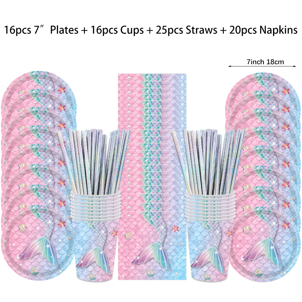 Mermaid Party Disposable Tableware Gradient Fish Tail Paper Plates Napkins Girls Birthday Party Decoration Baby Shower Supplies