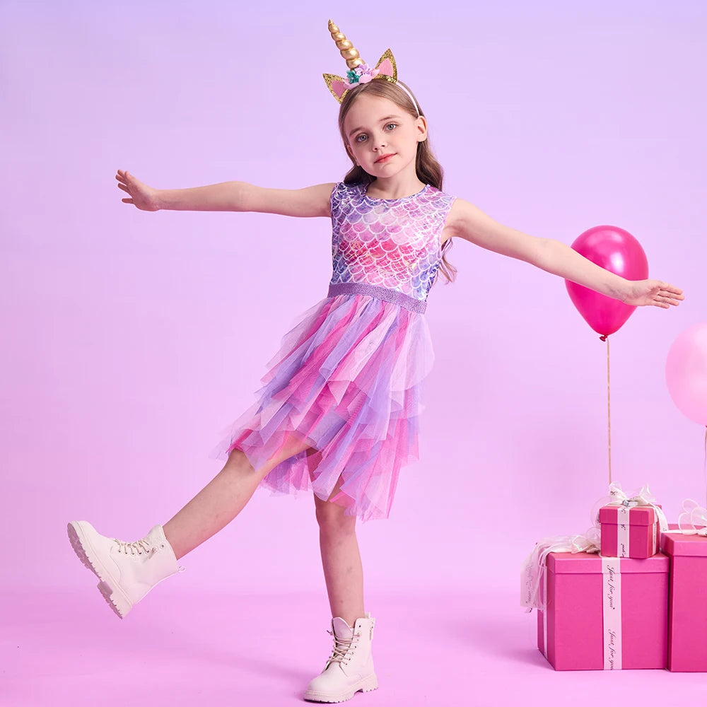 DXTON Summer Princess Sleeveless Dress Children Birthday Party Clothing Irregular Layer Prom Girls Dresses Kids Tulle Costumes