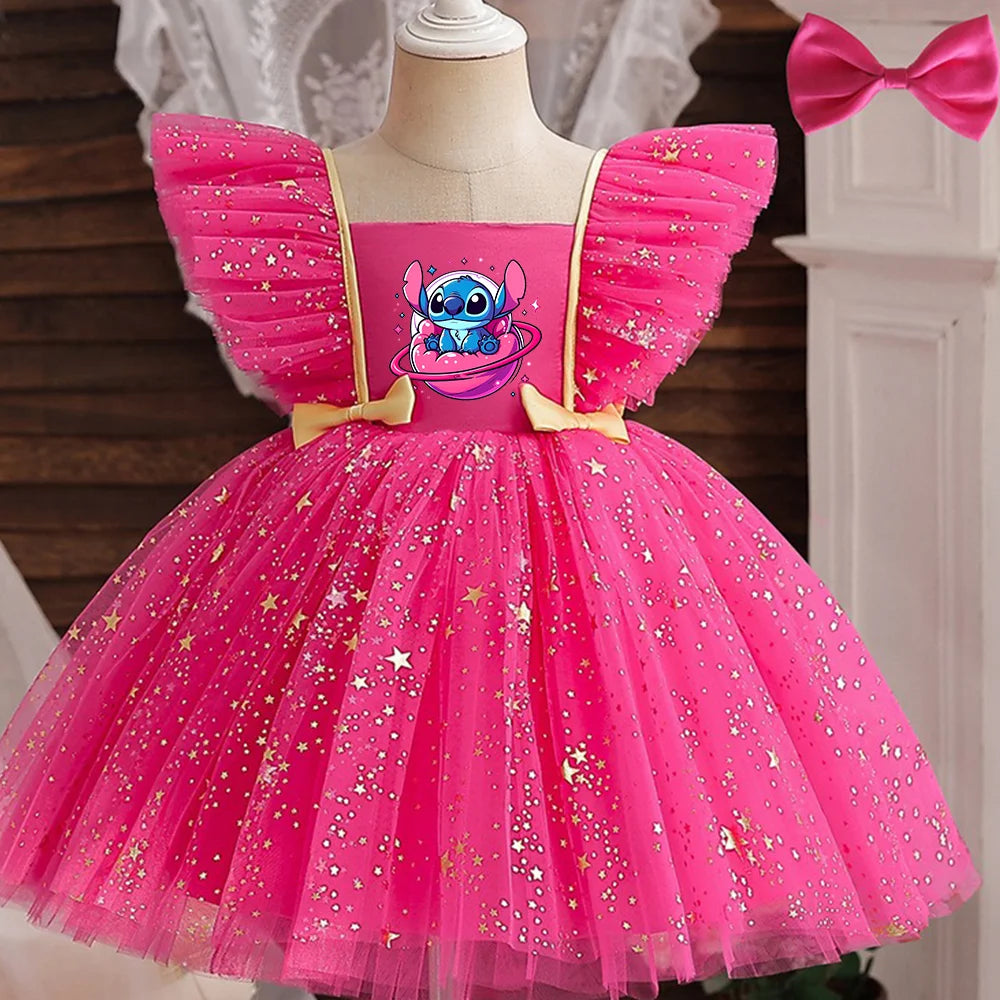 Lilo Stitch Princess Dress for Girls Sequined Star Ruffle Bow Tutu Gown Baby Formal Gala Prom Gown Kids Evening Party Costume