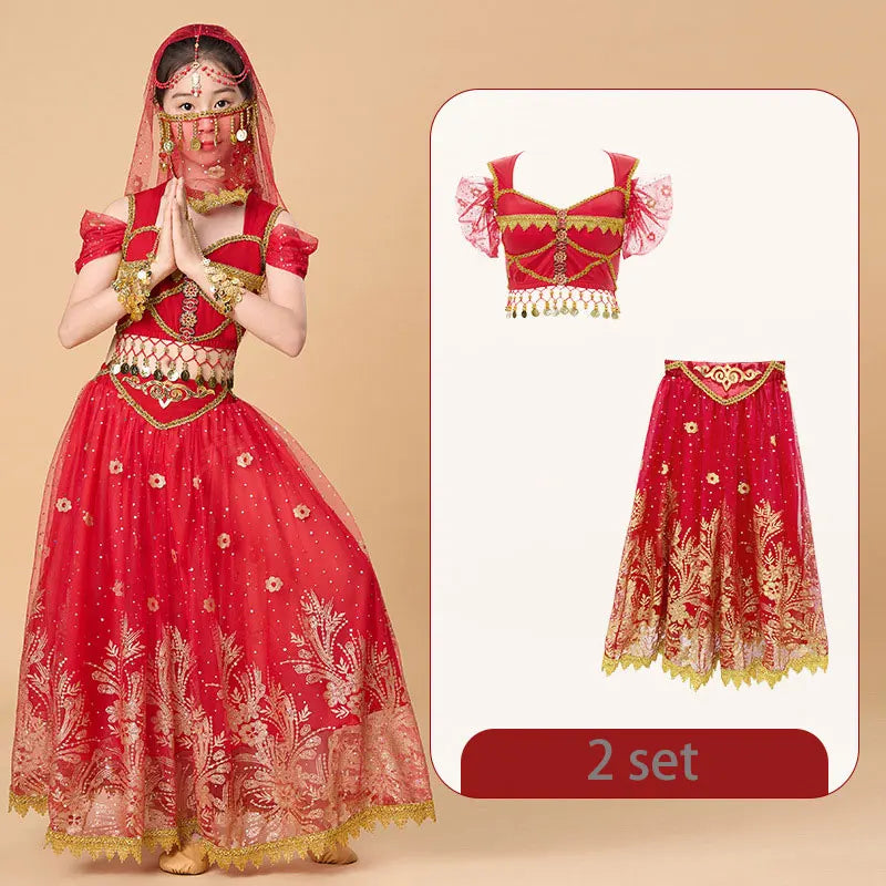  Kids India Princess Belly Dance Set Oriental Indian Dance Sari Girl Performance Costume Bollywood Children Stage Outfit