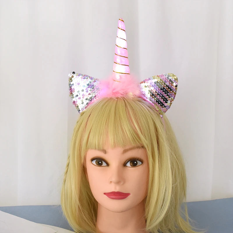 LED Light Unicorn Headband Kids Girl Birthday Cartoon Headwear Hair Accessories Rainbow Unicorn Theme Party Decoration Supplies