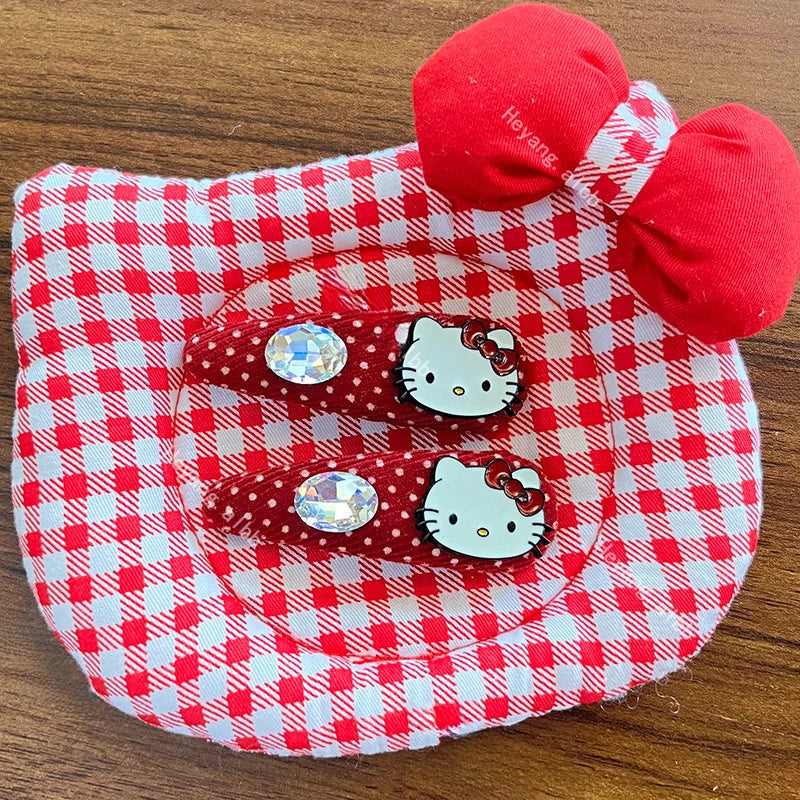 Sanrio Hello Kitty Girls Hairpin Fashion Cartoon KT Cat Women Rhinestone Bow Hair Clip Charm Girls Hair Accessories Gifts