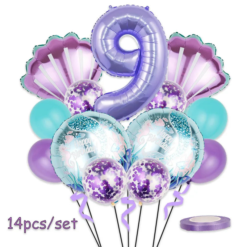 Mermaid Birthday Balloons Set 32inch Purple Number Shell Foil Ballon Girls Happy Little Mermaid 1st 2nd 3rd 4th Birthday Balloon