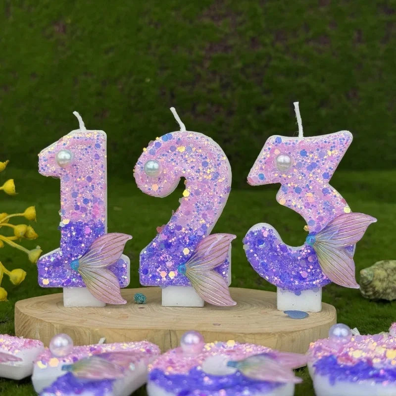 Purple Mermaid Tail Glitter 0-9 Number Candle Birthday Party Candle for Girls Cake Decoration