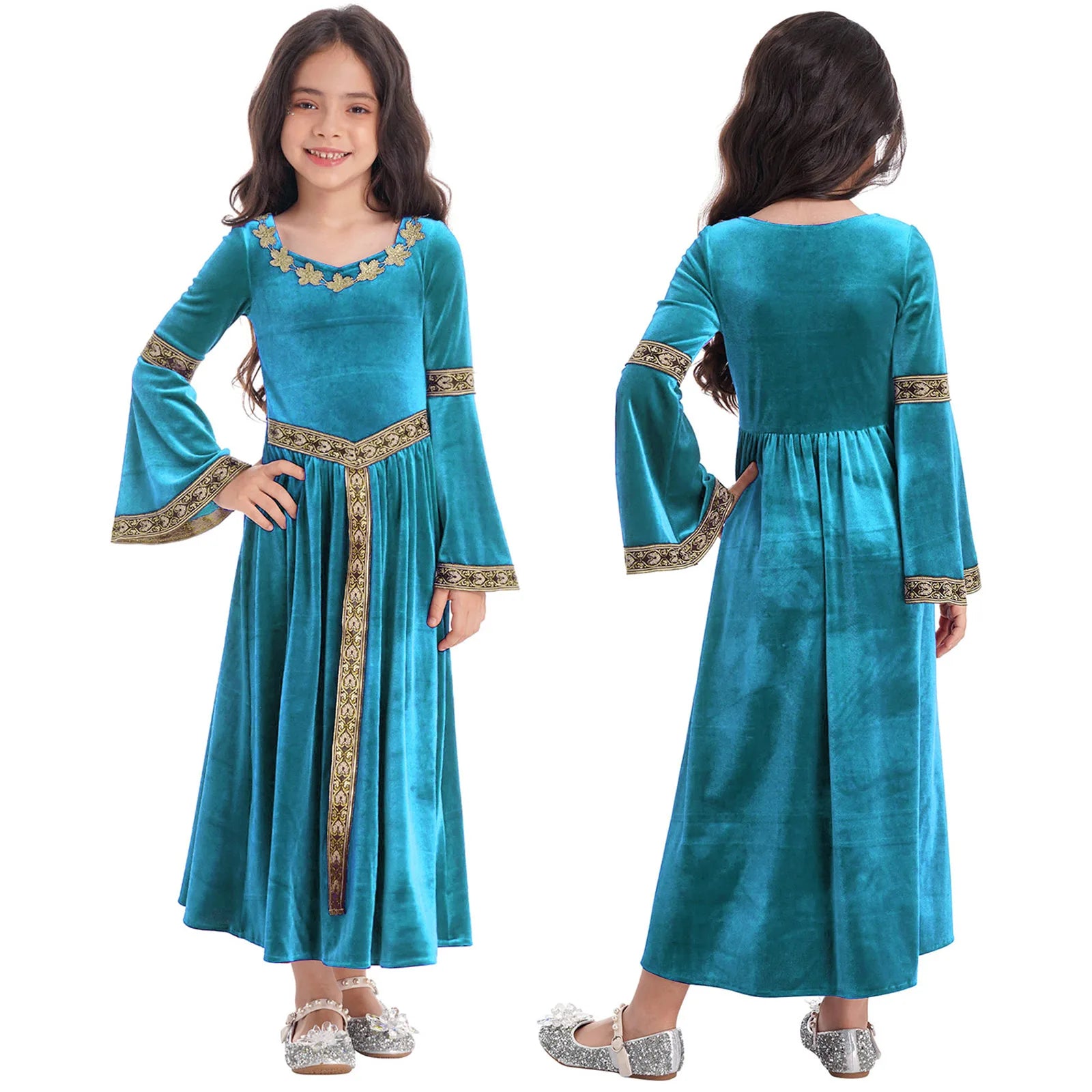 Kids Girls Medieval Renaissance Princess Costume Velvet Long Flare Sleeve Vintage Dress Gown Carnival Party Cosplay Dress Up
