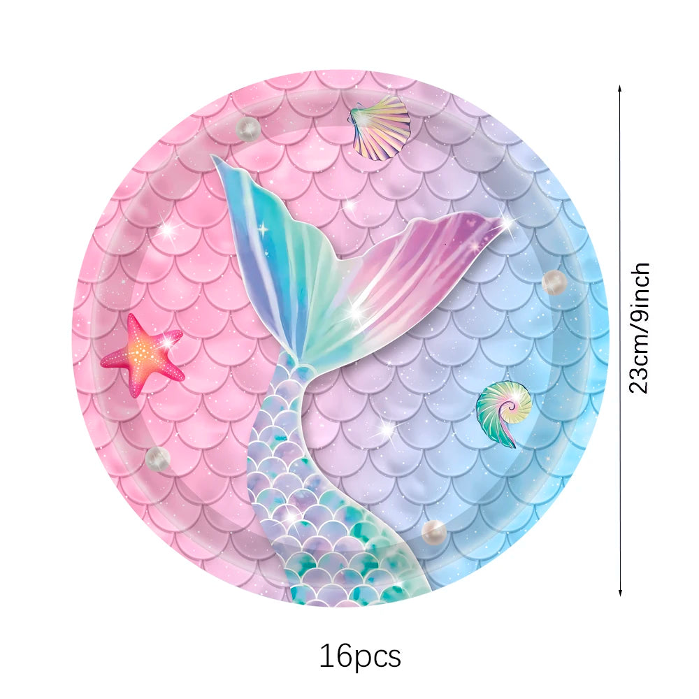 Mermaid Party Disposable Tableware Gradient Fish Tail Paper Plates Napkins Girls Birthday Party Decoration Baby Shower Supplies