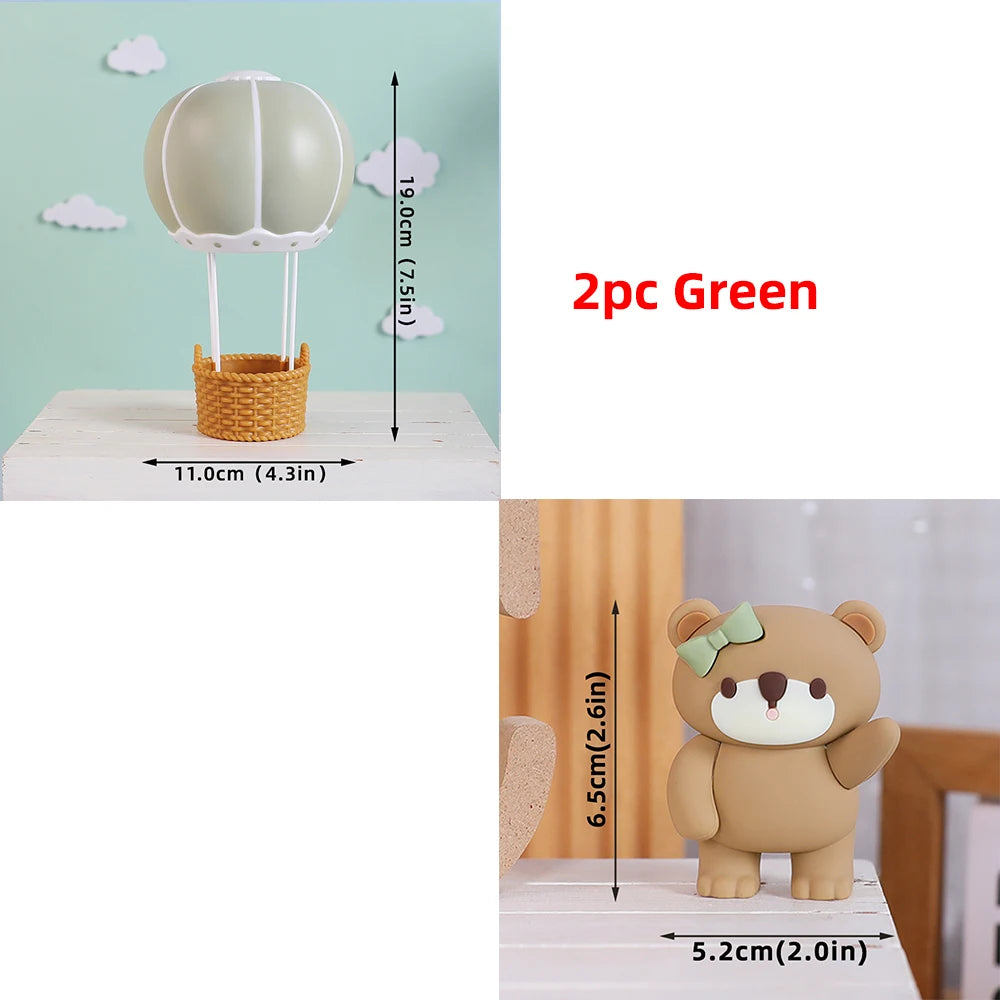 Bear Cake Toppers for Boy or Girl Baby Shower Children's Birthday Party Decoration Hot Air Balloon Cake Topper Pink Blue Green