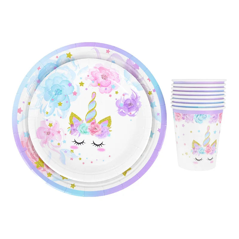 48Pcs/Set Unicorn Theme Birthday Disposable Tableware Set Paper Plates Napkins Cups Birthday Party Decoration Kids Favors Gift