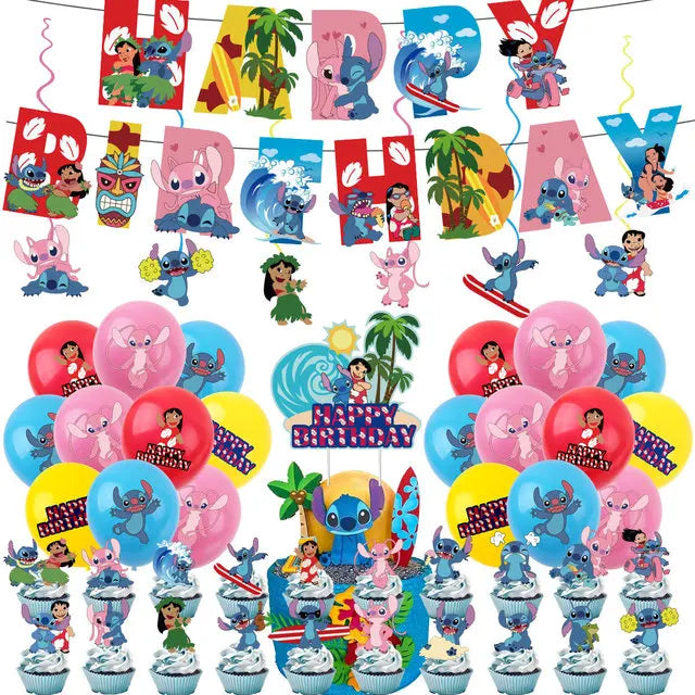 Lilo & Stitch Birthday Decorations Pink Girls Paper Cups Plates Napkins Cake Topper Tableware Set Balloons Decor Party Supplies