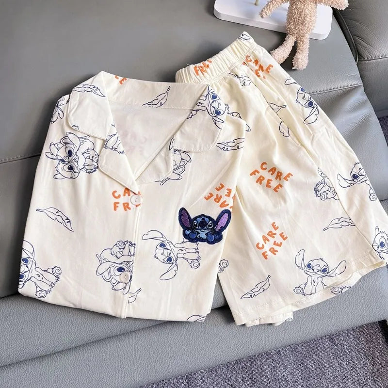Cartoon Stitch Korean version ins couple pajamas, cute personality, comfortable summer cotton shorts, cardigan, loungewear set