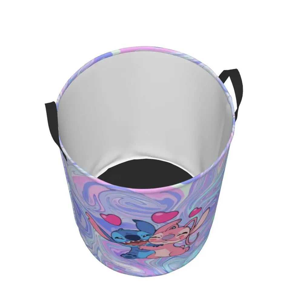 Custom Stitch Kiss Angel Love Heart Anime Laundry Hamper Large Clothes Storage Basket Toy Bin Organizer for Boy Girl