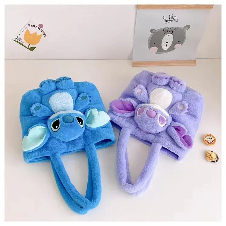 MINISO 2024 New Cartoon Plush Doll Shoulder Bag Sweet and Cute Stitch Strawberry Bear Soft Cute Girls Handbag
