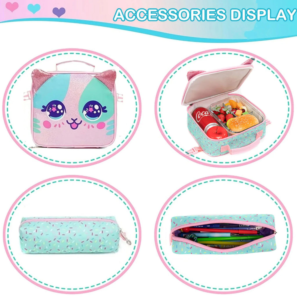 3PCS Cute Rolling Backpack for Girls Backpacks with Wheels for Elementary Students Kids 3 in 1 Travel Luggage Carry on Suitcase