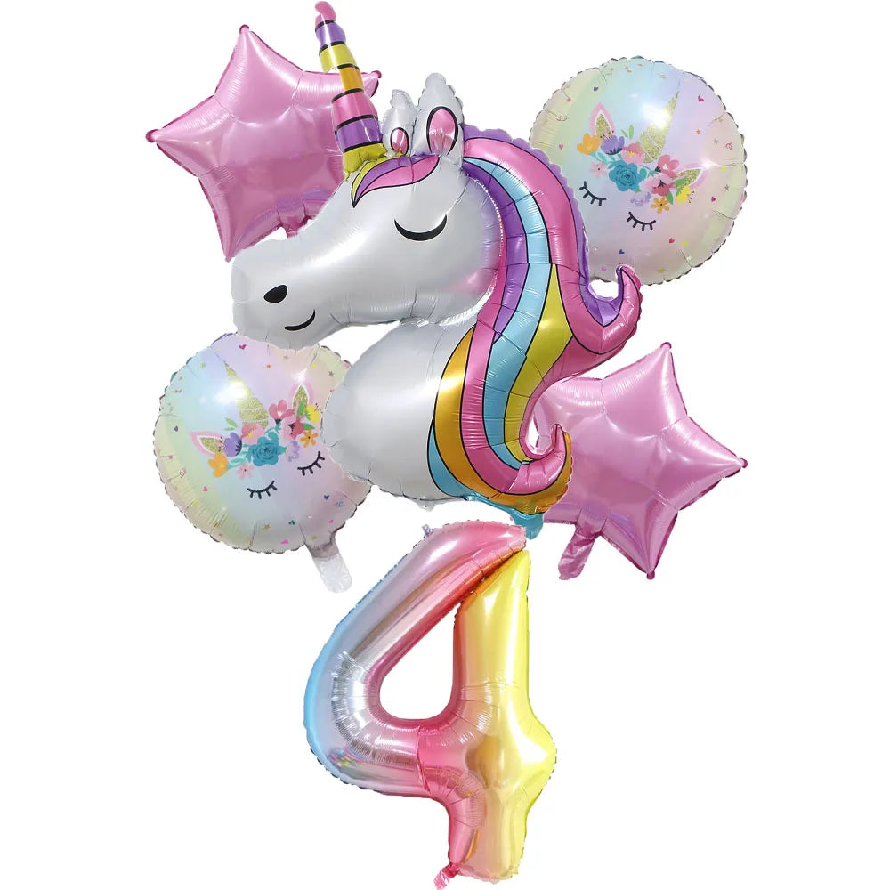 6pcs Rainbow Unicorn Balloon 32 Inch Number Foil Balloons 1st Kids Unicorn Theme Birthday Party Decorations Baby Shower Globos