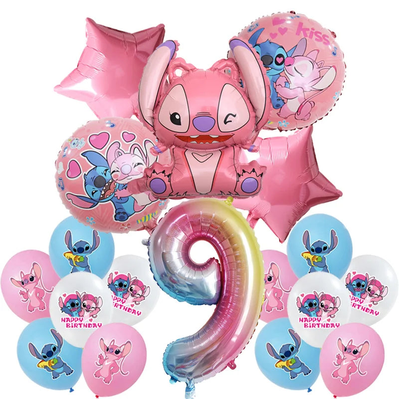 Stitch Birthday Party Decoration Pink Angel&Stitch Theme Event Supplies For Kids Balloon Disposable Tableware Banner Backdrop