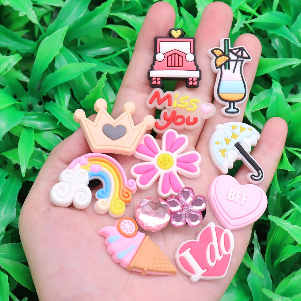 1Pcs PVC Hair Dryer Strawberry Cupcake Kids Shoe Charms Umbrella Crown Pink Series Buckle Clog Accessories Fit X-mas Gift