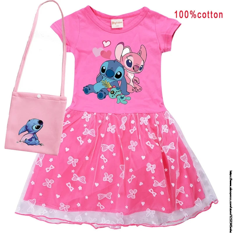 Hot Lilo And Stitch Girls Children Spring Summer Tutu Stitch Dress +Bag Kids Princess Girls Birthday Party Dress Costume