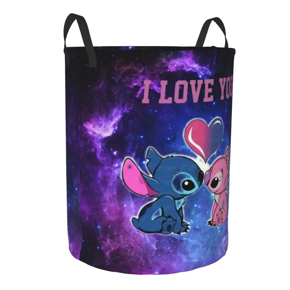Custom Stitch Kiss Angel Love Heart Anime Laundry Hamper Large Clothes Storage Basket Toy Bin Organizer for Boy Girl