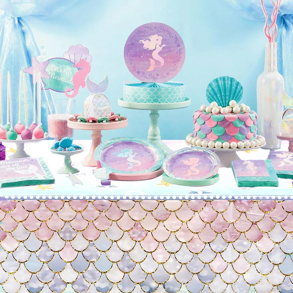 Mermaid Iridescence Plastic Tablecloths,Mermaid Laser Table Cloths for Girls Birthday Wedding Disco Mermaid Themed Party Decor