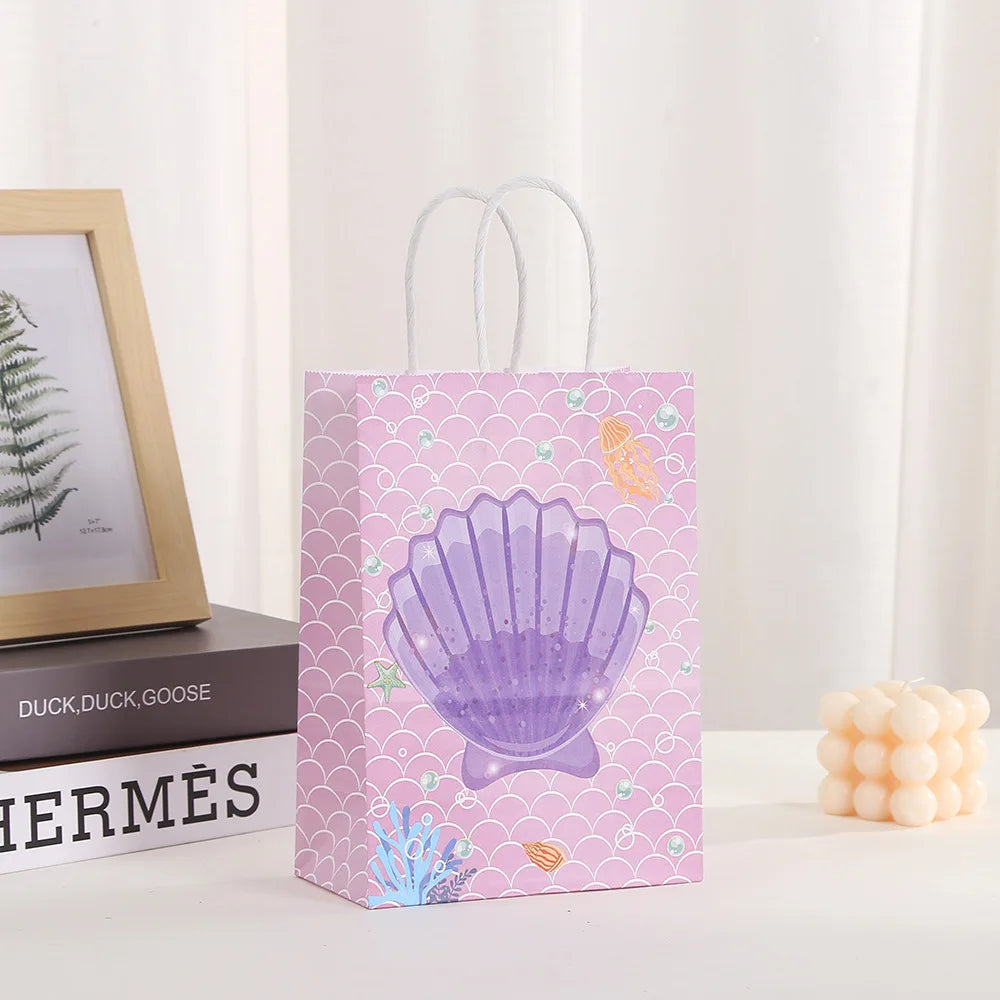 6Pcs Cartoon Ocean Theme Paper Gift Packing Bags Mermaid Shell Candy Cookie Bag for Girl Birthday Baby Shower Party Decoration