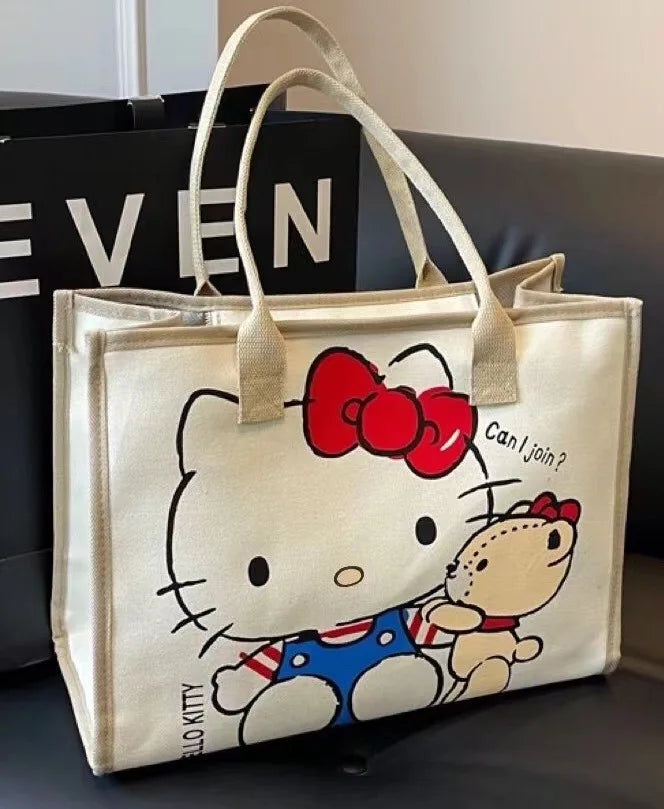 Hello Kitty Canvas Bag Sanrio Tote Bag Shoulder Storage Makeup Pouch Anime Handbag Travel Shopping Bag Kid Schoolbag Girl Gift